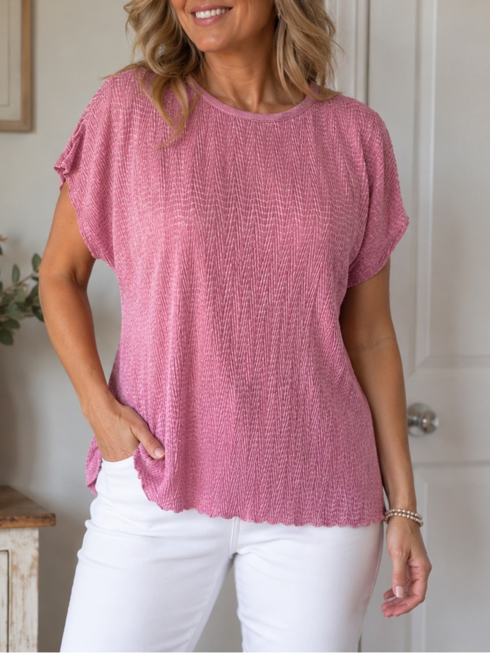 Tanjay Pink Crinkle Top NWT Size Small Petite Lightweight Blouse